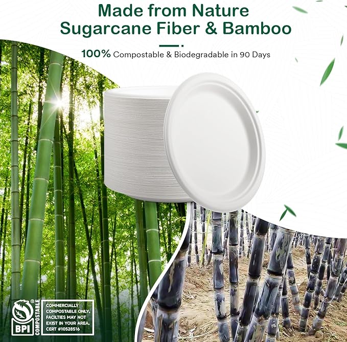 ?윮?윭 ?뿙?뿻?뿰?뿵, ?윮?윯?윺-?뿣?뿮?뿰?뿸 Compostable Paper Plates, Heavy-Duty Biodegradable Disposable Dish Made from Bagasse, Perfeck for Snacks, Desserts, Party, Wedding and More (White)