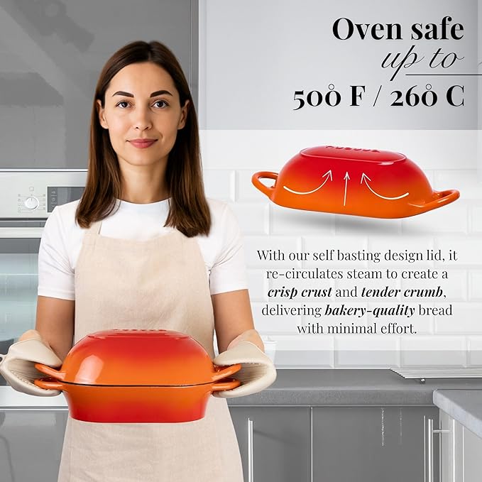 Dutch Oven For Sourdough Bread Baking ??Enamelled Cast Iron Bread Loaf Pot ??Oven Safe Non Stick Bread Pot ??Rectangular, Orange, 24cm x 16cm ??by Nuovva