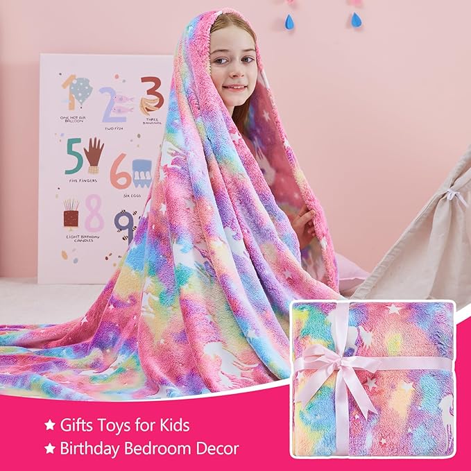 QSTEHEML Unicorn Glow in The Dark Blanket,Unicorn Gifts Toys for Kids Girl Age 3-12 Years Old,Birthday Gifts for Toddler, Teen,Christmas Birthday Bedroom Decor 50"횞60"