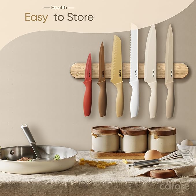 CAROTE 12 Pieces Kitchen Knife Set, Stainless Steel Knife Set With Nonstick Ceramic Coating, Dishwasher Safe with 6 Blade Guards, Rustproof, Brown