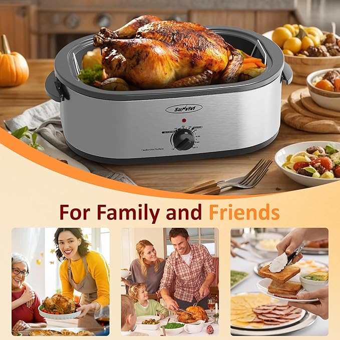 Sunvivi 18-Quart Roaster Oven with Self-Basting Lid, Electric Turkey Roaster Oven with Removable Pan and Rack, Stainless Steel, Sliver