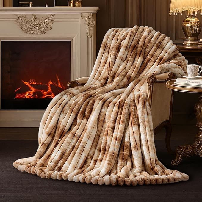 Am챕lie Home Faux Fur Throw Blanket for Couch, Cozy Fuzzy Fluffy Fur Luxurious Soft Striped Plush Gift Blankets for Family Sofa Chair Bedroom, 55"x70", Tie-dye Khaki