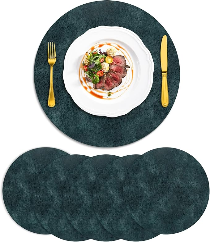 ADRIMER Placemats, Heat Resistant Round Placemats Set of 6 Washable, Waterproof Table Mats, Wipeable Faux Leather Place Mats for Kitchen, Dining Room, Dark Blue