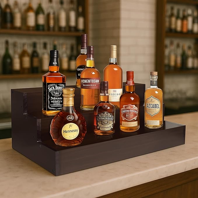Royxen 24 Inch Solid Wood Liquor Bottle Shelf 3 Tier Bar Shelf Freestanding Vintage Liquor Bar Stand for Home Bar Decor, Natural Wood