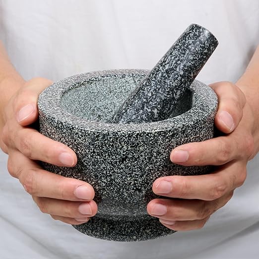 Heavy-Duty Mortar and Pestle Set, 1.5-Cup Granite Material, with Non-Slip Base, 4.72-inch Mexican Grinder, for Grinding Spices and Seeds, Seasoning and Spice Tool (Speckled Gray, 1.5Cup)