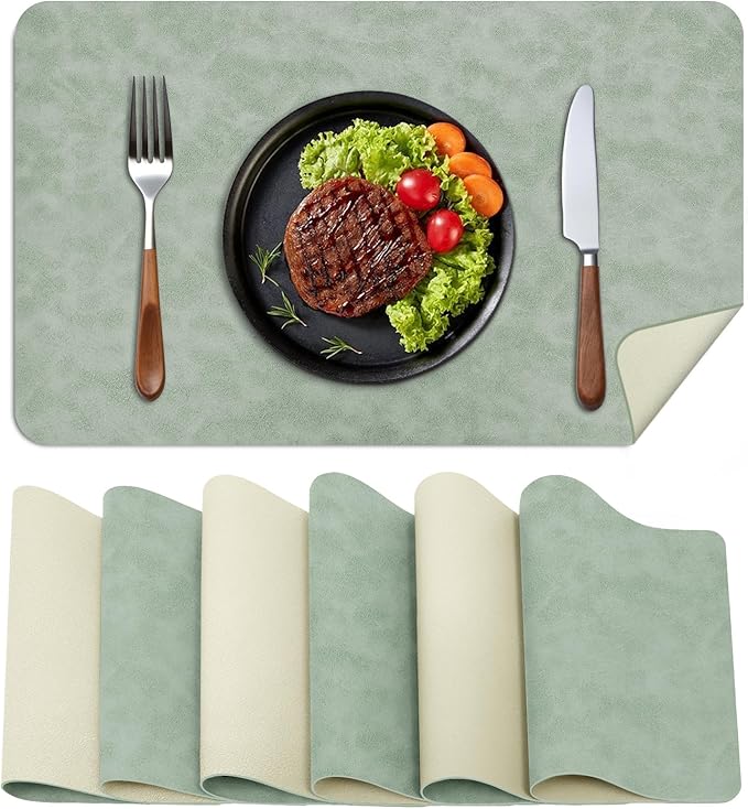 BLESWIN Faux Leather Placemats, Set of 6, 12횞17 Inch -Double Side Texture Color Table Mats, Heat-Resistant, Waterproof and Oil-Resistant, Suitable for Dining Room, Kitchen, Party, Outdoor -Green&White