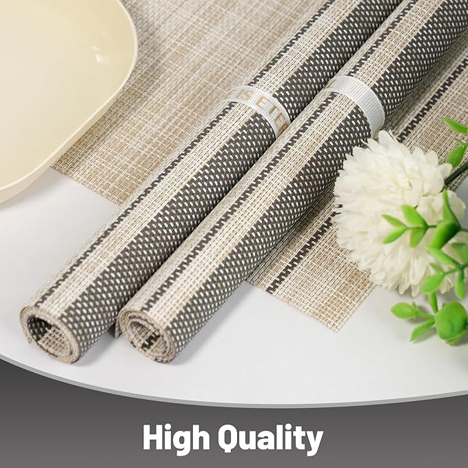 flohar Placemats Set of 8竊똍on-Slip PVC Weave Table Mats Easy to Clean竊똇eat Resistant Place Mats for Kitchen Dining Table Decoration Indoor Outdoor竊똊haki Gray