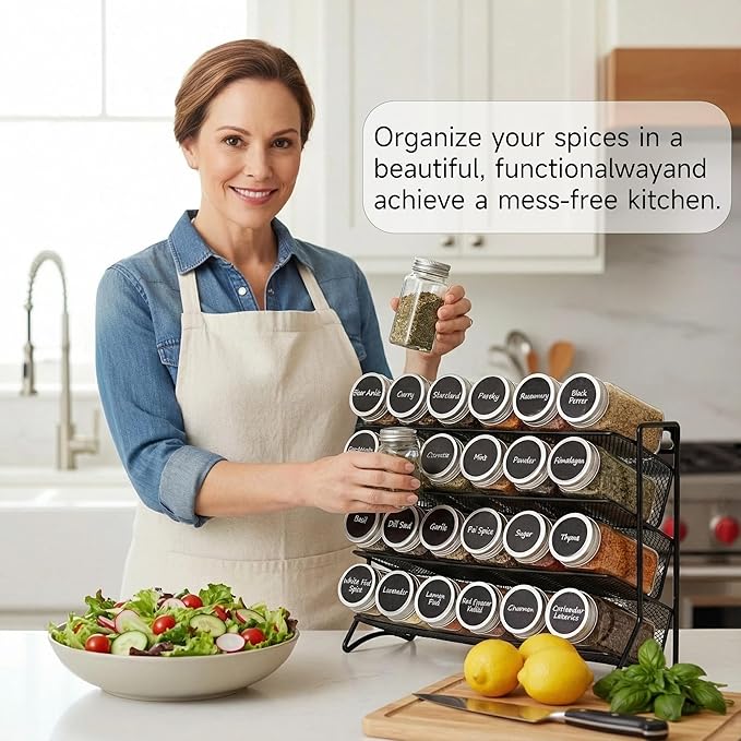 DIDITIME Spice Rack Organizer ??24 Glass Jars, 60 Labels & Marker, Space-Saving Kitchen Countertop, Cabinet & Wall Rack