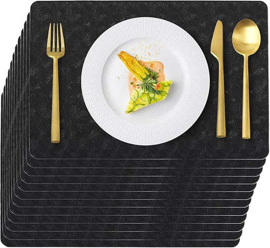 Uolr Vinyl Placemats Set of 12 Faux Leather 100% Waterproof Wipeable Washable Place Mats Heat Resistant Easy Clean Non-Slip Table Mats for Indoor Outdoor. (12,Black)