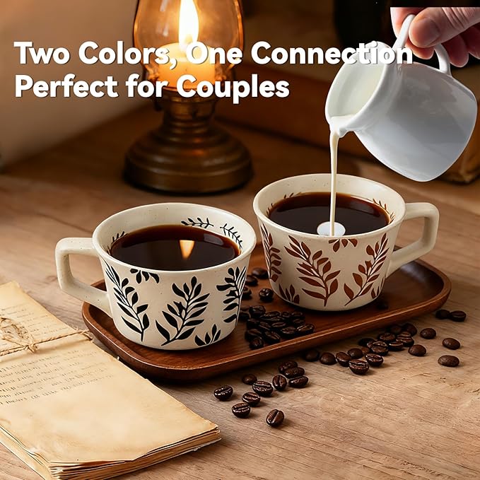 Ceramic Coffee Mugs Set, 12 oz Vintage Tea Cups with Handle for Latte, Cappuccino, Espresso, Mocha, Hot Tea, Dishwasher & Microwave Safe for Families and Couples Gifts竊늆et of 2 Bean Leaves