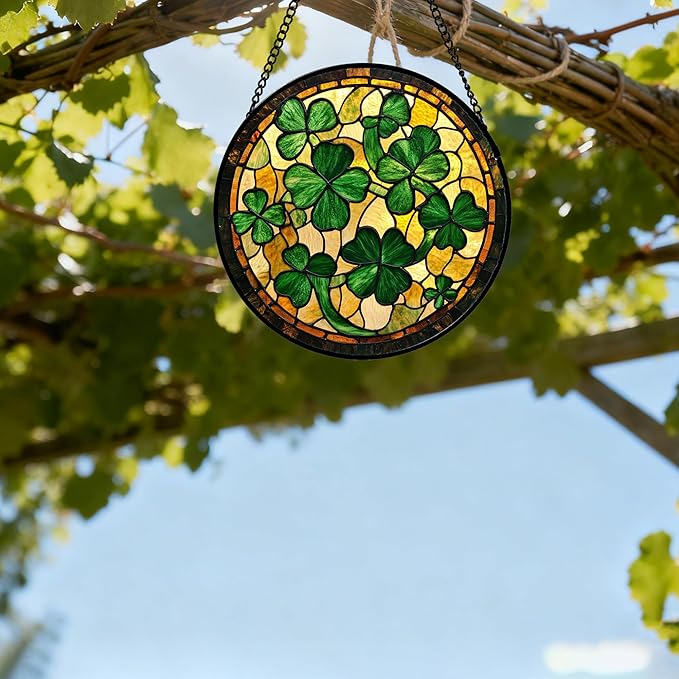 Stained Glass Window Hanging Green Retro Lucky Clover Large 15" - Suncatcher Door Garden Sun Catcher Ireland Decor Birthday Mother's St. Ripack's Day Gift for Woman Mom Men Friend Nana Wife