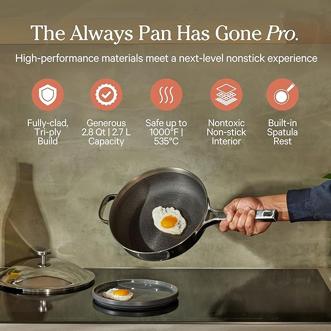 Our Place Titanium Always Pan Pro | 10.6" PFAS-Free Nonstick Frying Pan with Spatula | Chef-Grade Tri-Ply Stainless Steel & Aluminum Build | Induction & Oven-Safe up to 1000째F | Chrome