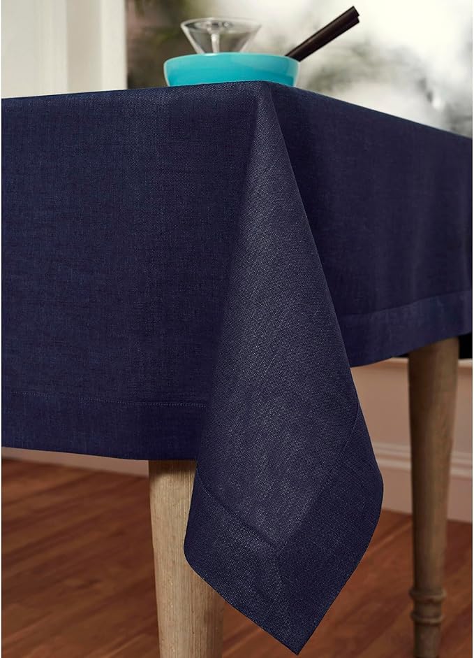 Solino Home Linen Tablecloth 60 x 120 Inch - 100% Pure Linen Chambray Navy Table Cloth for Rectangular Tables - Athena, Machine Washable Cloth Tablecloth for Winter, Spring