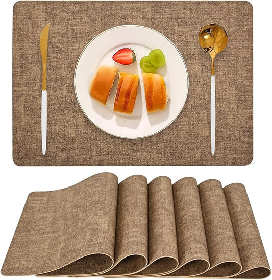 Boobezeen Faux Leather Placemats Set of 6, Heat Resistant Wipeable Washable Vinyl Place Mats, Waterproof Anti-Slip Dining Table Mats, Suitable for Indoor & Outdoor Use (Light Brown)
