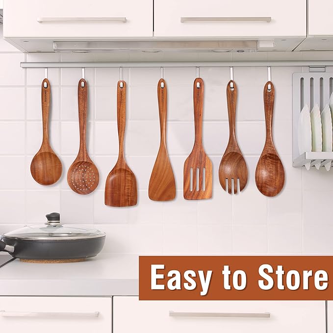 15Piece Wooden Spoons for Cooking Natural Teak Wooden Kitchen Utensils Set Comfort Grip