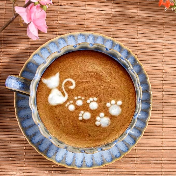 Ceramic Floral Coffee Mug with Saucer Set and Spoon - Vintage Glazed Tea Cup & Coaster for Cafe/Home/Office Blue