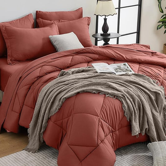 HEVUMYI Terracotta Full Comforter Set - 7-Piece All Season Bed in a Bag Full, Ultra Soft Bedding Set with Comforter, Flat Sheet, Fitted Sheet, Pillowcases, Pillow Shams
