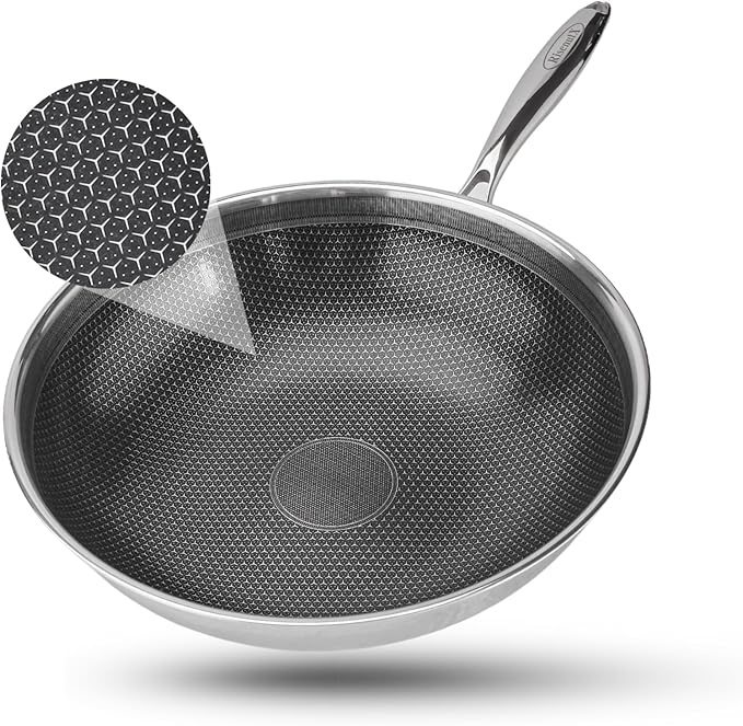 Hybrid Wok, 13 inch Wok with lid,Stainless Steel woks & Stir-fry pans Non Stick, PFOA Free Cookware, Dishwasher and Oven Safe, Compatible With Induction