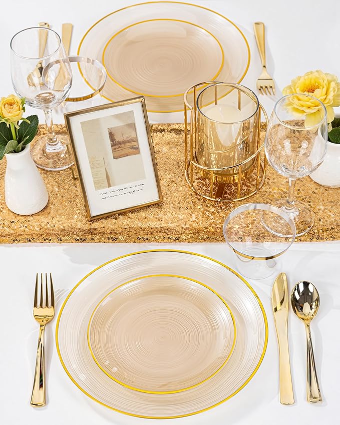 Morejoy 175PCS Clear Brown Plastic Plates - Disposable Gold Party Plates & Pre Rolled Napkins with Cutlery for 25 Guests, 50Plates, 75Silverware, 25Cups, 25Napkin for Party & Christmas