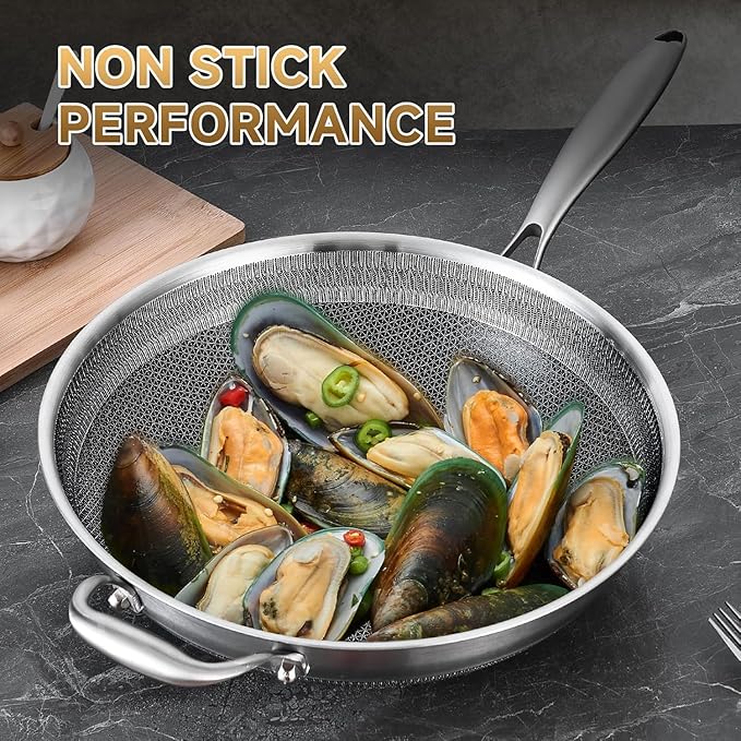 LOLYKITCH 14.5 Inch Nonstick Tri-Ply Stainless Steel Wok with Steel Lid, Large Flat Bottom Stir Fry Pan for Induction, Gas & Electric - PFOA Free, Dishwasher & Oven Safe, Detachable Handle