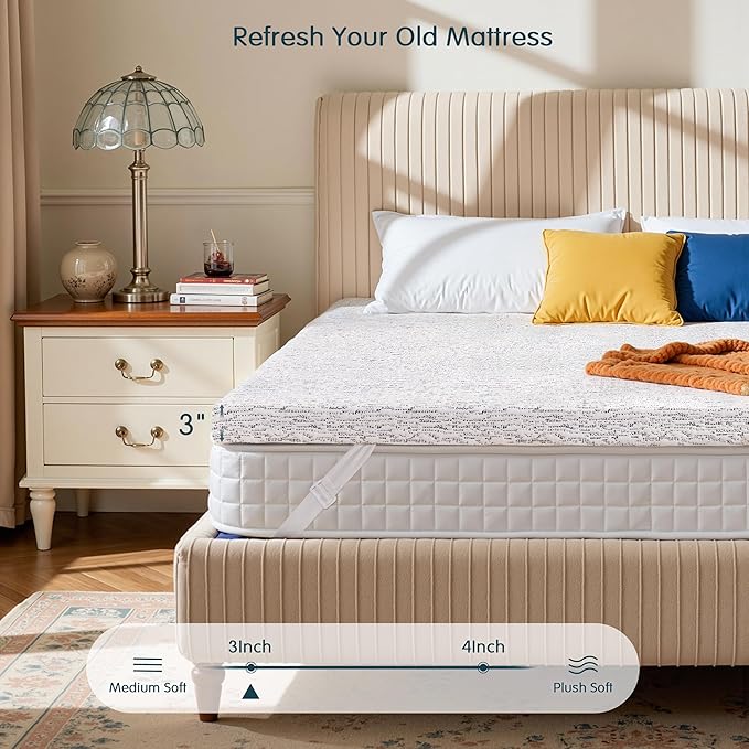 SyMax Queen Mattress Topper, Gel Infused Memory Foam Mattress Topper, 3 Inch Bed Topper with Cover, Soft Cooling and Pressure Relieving, CertiPUR-US Certified, Queen