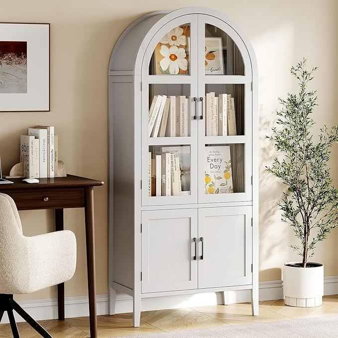 ONBRILL 71" Tall Arched Cabinet, 5-Tier Arched Kitchen Pantry with Glass Doors & Shelves, Modern Display Arch Cabinet with Adjustable Feet, Wooden Pantry for Living Room, Dining Room, Off White