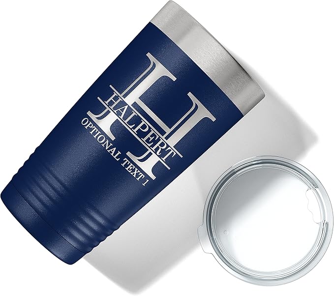 Personalized 20oz (17 Colors) Powder Coated Insulated Stainless Steel Tumbler with Lid, Custom Etched, Customized Engraved Gift Idea for Women Men Her Him, Halpert Monogram Initial Name (Navy Blue)