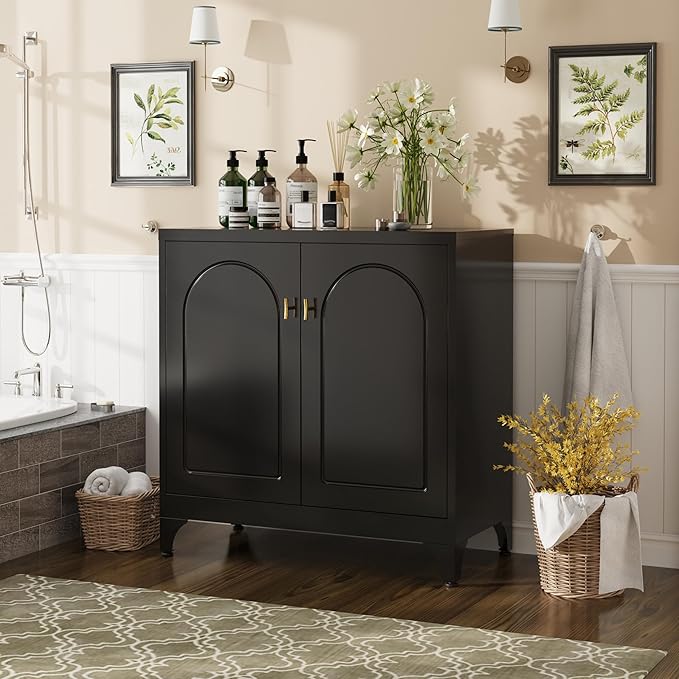 Coffee Bar Cabinet,Metal Kitchen Storage Cabinet,Buffet Cabinet with Storage and Adjustable Shelf,Black Sideboard Buffet Cabinets for Dining Room