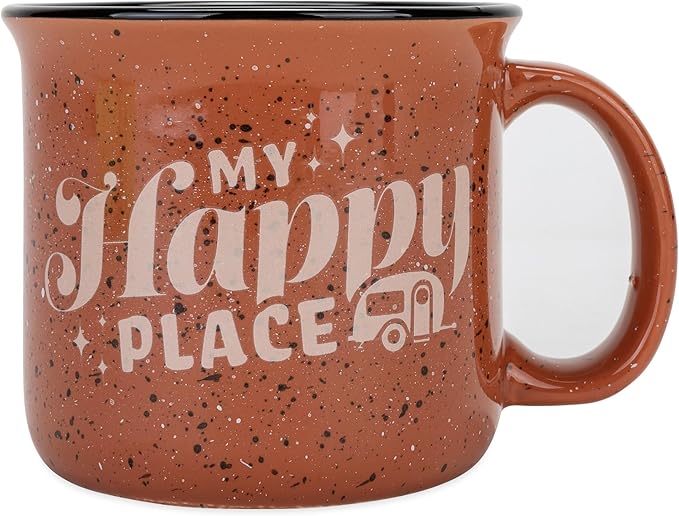 Camco Life is Better at The Campsite Ceramic Coffee Mug - Microwave and Dishwasher Safe - Features Red Background with Retro RV My Happy Place Design - Coffee Cup Holds 14oz. (53472)