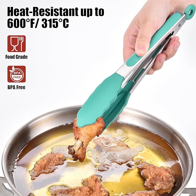 Doosu Kitchen Tongs for Cooking - 600째F Heat Resistant Food Tong with Non-Scratch Silicone Tips, Heavy Duty Stainless Steel Locking Tong for BBQ, Grilling Steak, Serving Salad, Pasta (9in, Aqua Sky)