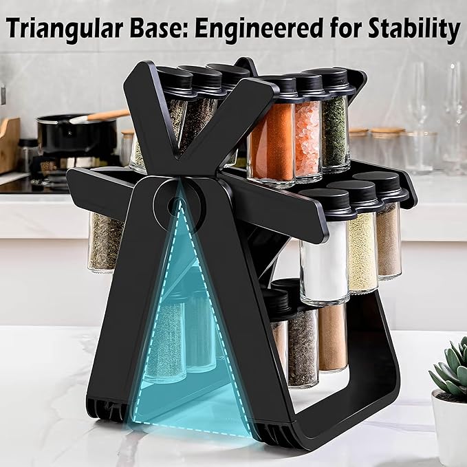 Rotating Spice Rack Organizer Set with 18 Glass Jars - 360째 Revolving Spice Tower for Kitchen Countertop or Cabinet, Complete Organizer with Funnel & Labels, Durable ABS Base with Non-Slip Pads