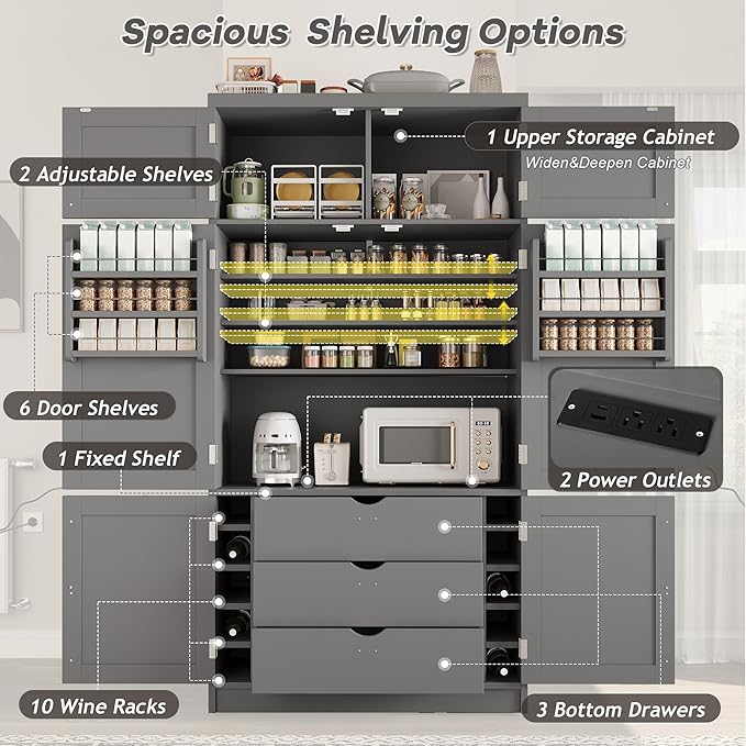 Ball & Cast 80?쿟all Freestanding Kitchen Pantry Cabinet with 2 Power Outlets & 3 Large Drawers,41" W Versatile Farmhouse Pantry Storage Cabinet w/Adjustable Shelves and Door Shelves,for Kitchen,Gray