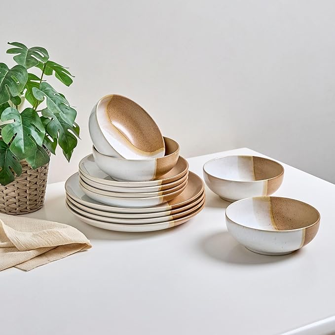 Sango Phoebe 12-Piece Multicolor Stoneware Dinnerware Set ??Service for 4, Plate & Bowl Set, Caramel Stoneware with a Rustic White Glaze, for Daily Dining & Entertainment, Microwave & Dishwasher Safe