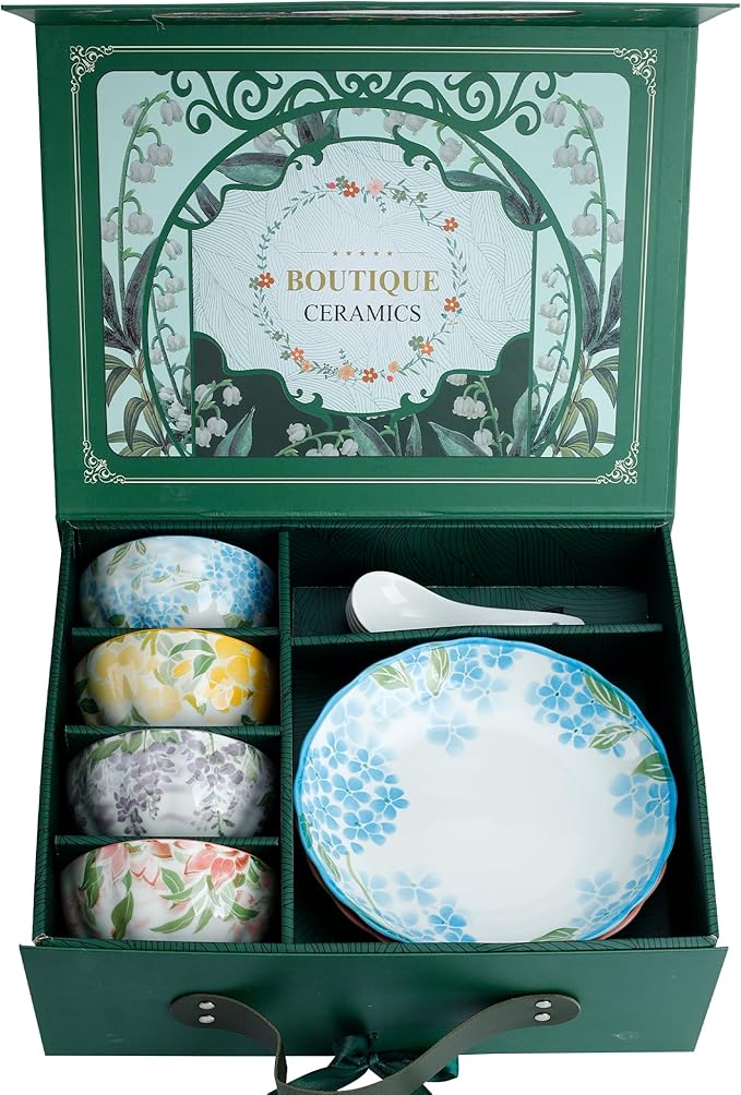 Premium Green Floral Porcelain Dinnerware Set of 2, 10-Piece Plates & Bowls for Family, Microwave & Dishwasher Safe, Luxury Gift Box Packaging