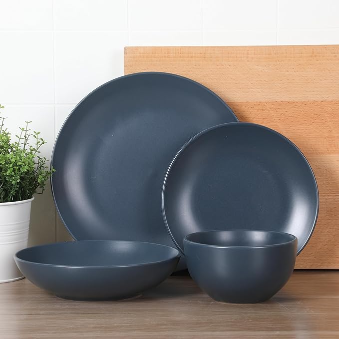 Gibson Home Queenslane 16-Piece Matte Blue Stoneware Dinnerware Set ??Double Bowl Plates and Bowls, Durable Kitchen Dinner Set