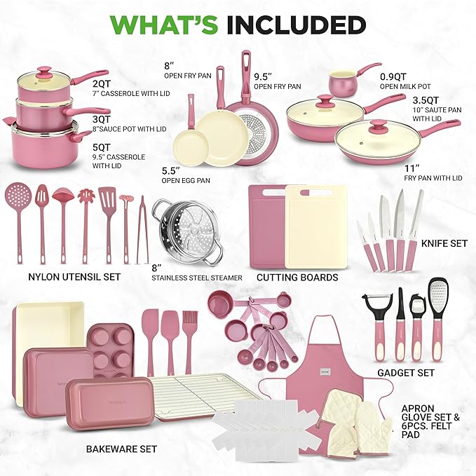 NutriChef 54-Piece Kitchen Cookware Set ??Complete Non-Stick Ceramic Pots and Pans Set with Utensils, Bakeware, and Knife Set, Gas, Electric & Induction Compatible, Blush Pink Kitchen Essentials
