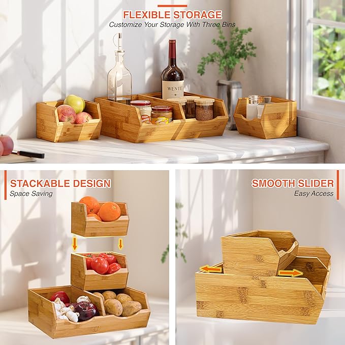 HOMESTEAD Bamboo Pantry Storage Bins ??Potato & Onion Storage Bin for Pantry Organizers, Produce Organizer Set of 3 ??Slide out Bin Access