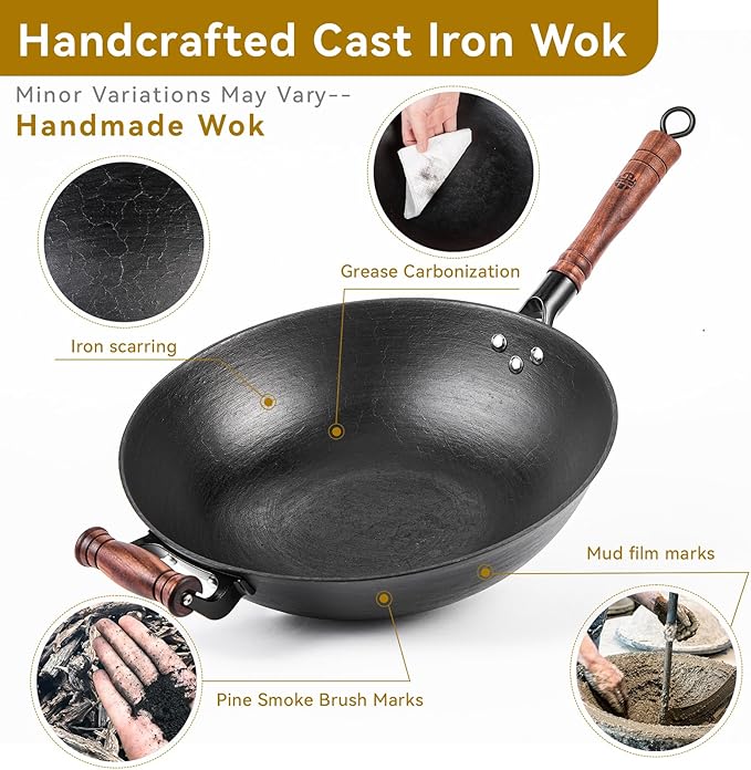 WANGYUANJI Cast Iron Wok Pan 14.2 inch Large Wok Stir Fry Pan Flat Bottom Wok with Lid and Wood Handle, Suitable for All Cooktops, Uncoated Craft Pot Healthy Cooking Pot