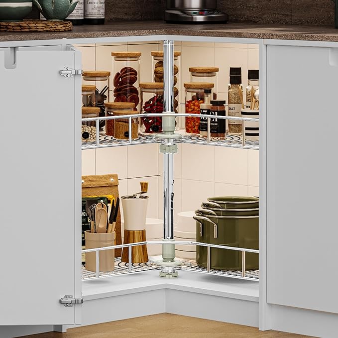 DWVO 28??Kidney 2-Tier Lazy Susan ??Telescoping Mount Corner Cabinet Organizer with Pie-Shelf Design, for Bathroom,Kitchen Cabinet Blind Corners (Chrome, 270째 Adjustable)