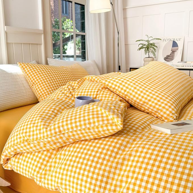 LifeTB Queen Comforter Set Modern Style Yellow Gingham Comforter Geometric Plaid Printed Bedding Comforter with 2 Pillow Shams Fluffy Lightweight Gingham Bedding Grid Checkered Comforter Set