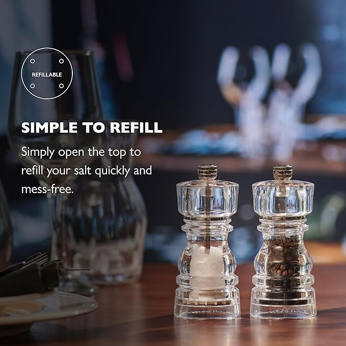 Cole & Mason London Refillable Spice Mill - Kitchen & Home Accessory - Salt and Pepper Grinder Set with Ceramic and Carbon Steel Mechanism - 5", Acrylic