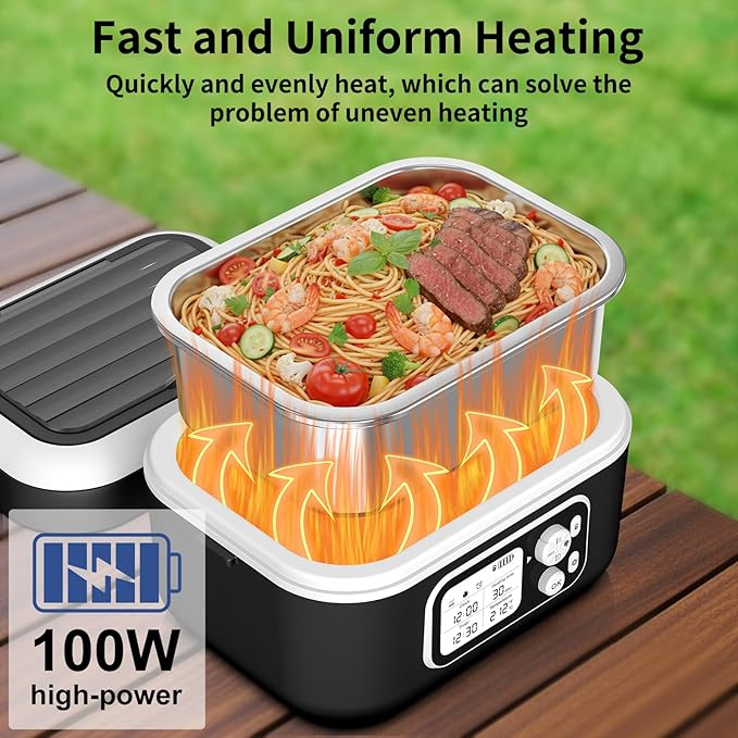 EDCREATY Cordless Electric Heated Lunch Box, 1.5L 6.3Cups 24000mAh Rechargeable Battery Self-Heating Lunch Box, Smart Timer, Even Heating, 100W Portable Food Warmer for Office, Picnic, Car, Outdoor