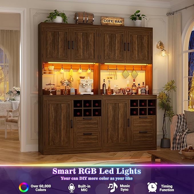Unikito 72" Tall Kitchen Pantry Cabinet with LED Light & Outlet, 63" Wide Kitchen Hutch Bar with Microwave Stand, Drawers, Wine Racks and Storage Shelves, Cupboard for Dining Room, Weathered Brown