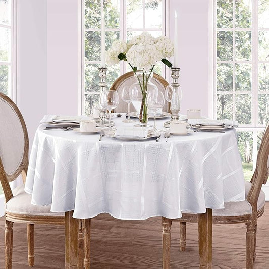 Newbridge 90 Inch Round Fabric Tablecloth, Elegance Plaid, 100% Polyester, No Iron Soil Resistant Dining Room, Party and Banquet Table Cover, Solid Textured, White
