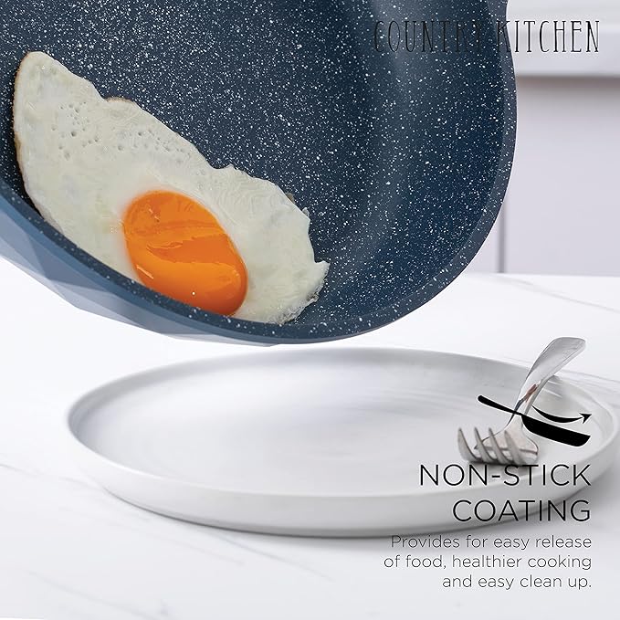 Country Kitchen Non-Stick Cast Aluminum Cookware Set - Durable Kitchen Cookware for Everyday Cooking, Navy Diamond, 11 Pc.