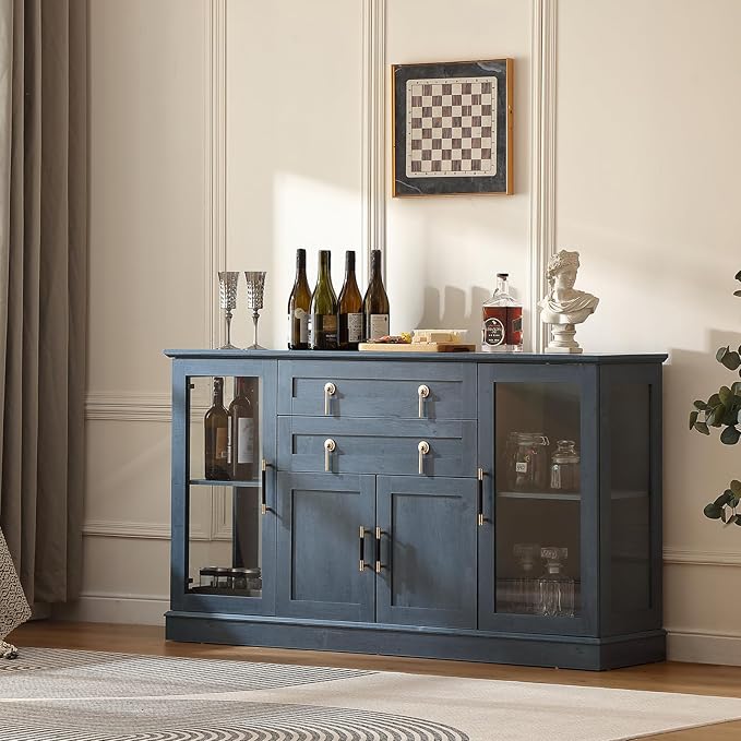 58.2'' Modern Sideboard Buffet Cabinet with Storage, Accent Coffee Bar Cabinet with 2 Glass Doors,Sideboard Credenza with Two Drawers and Adjustable Shelves,Blue