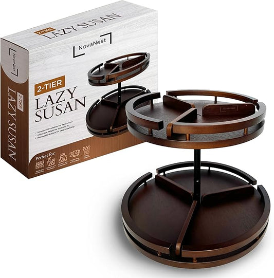 2 Tier Lazy Susan Organizer ??12" Bamboo Rotating Spice Rack Organizers with Adjustable Height Turntable for Cabinet, Pantry, Medicine Cabinet, Kitchen, Spinning Bathroom Counter Top Organizers