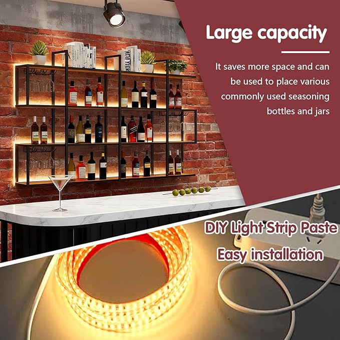 71IN Large Wall Mounted Wine Rack with LED Light, Metal 4 Tier Floating Wine Shelf with Glass Holder, Modern Hanging Bar Liquor Bottles Storage Rack for Home Bar Dining Room Decorative (70.8in/180cm)