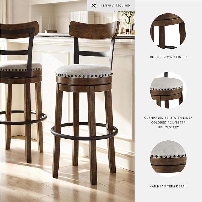 Signature Design by Ashley Valebeck | 30??Farmhouse Pub-Height Swivel Barstool With Back ??Upholstered Cushion, Nailhead Trim, Metal & Wood Frame, Brown