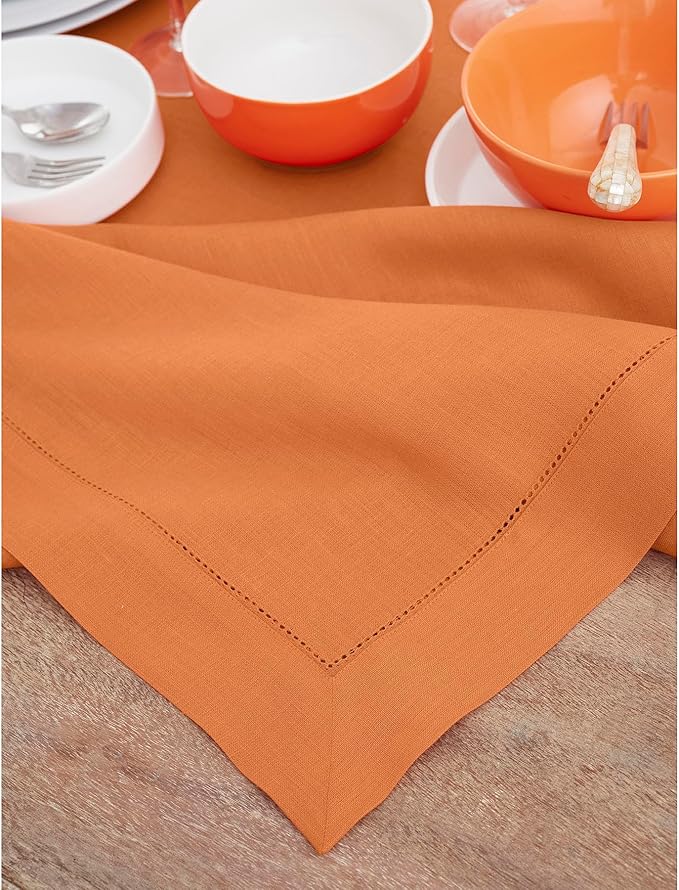 Solino Home Linen Pumpkin Tablecloth 60 x 108 Inch - Classic Hemstitch, 100% Pure Linen Rectangular Tablecloth - Machine Washable Table Cloth